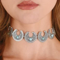 Western Faux Turquoise Metal Choker Necklace