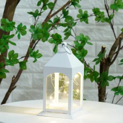 White Metal Lantern with Flickering LED Fairy Lights, 4in x 8in
