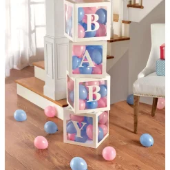 White Pop-Up Baby Block Decorations with Blue & Pink Mini Latex Balloons, 11.75in