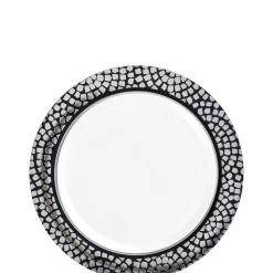 White With Silver Mosaic Rim Premium Plastic Dessert Plates, 7.5in, 20ct