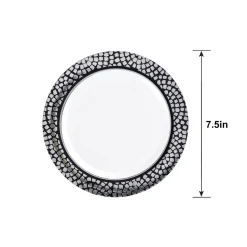White With Silver Mosaic Rim Premium Plastic Dessert Plates, 7.5in, 20ct